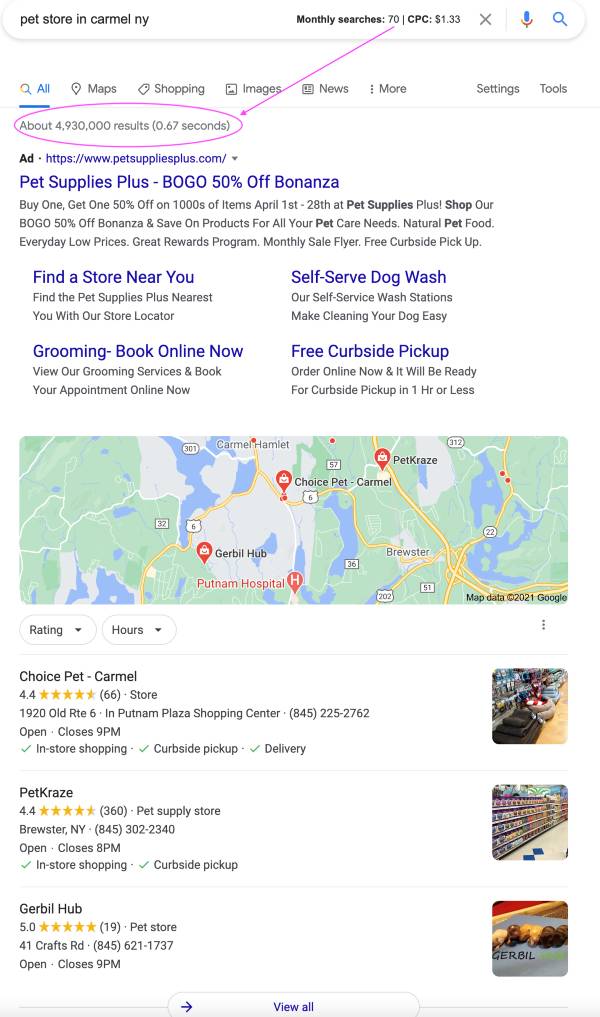 Local SEO example, more targeted search term to local area in Carmel NY